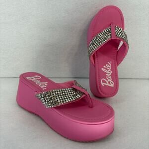 Barbie Platform Sandals Women size 8.5 Pink Wedge Rhinestone Bedazzled Glam